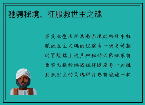 驰骋秘境，征服救世主之魂